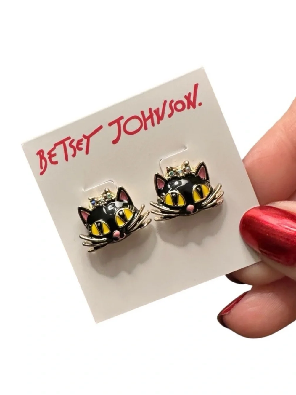 Betsey Johnson Black Cat Crystal Crown Stud Earrings NWT Gold Tone